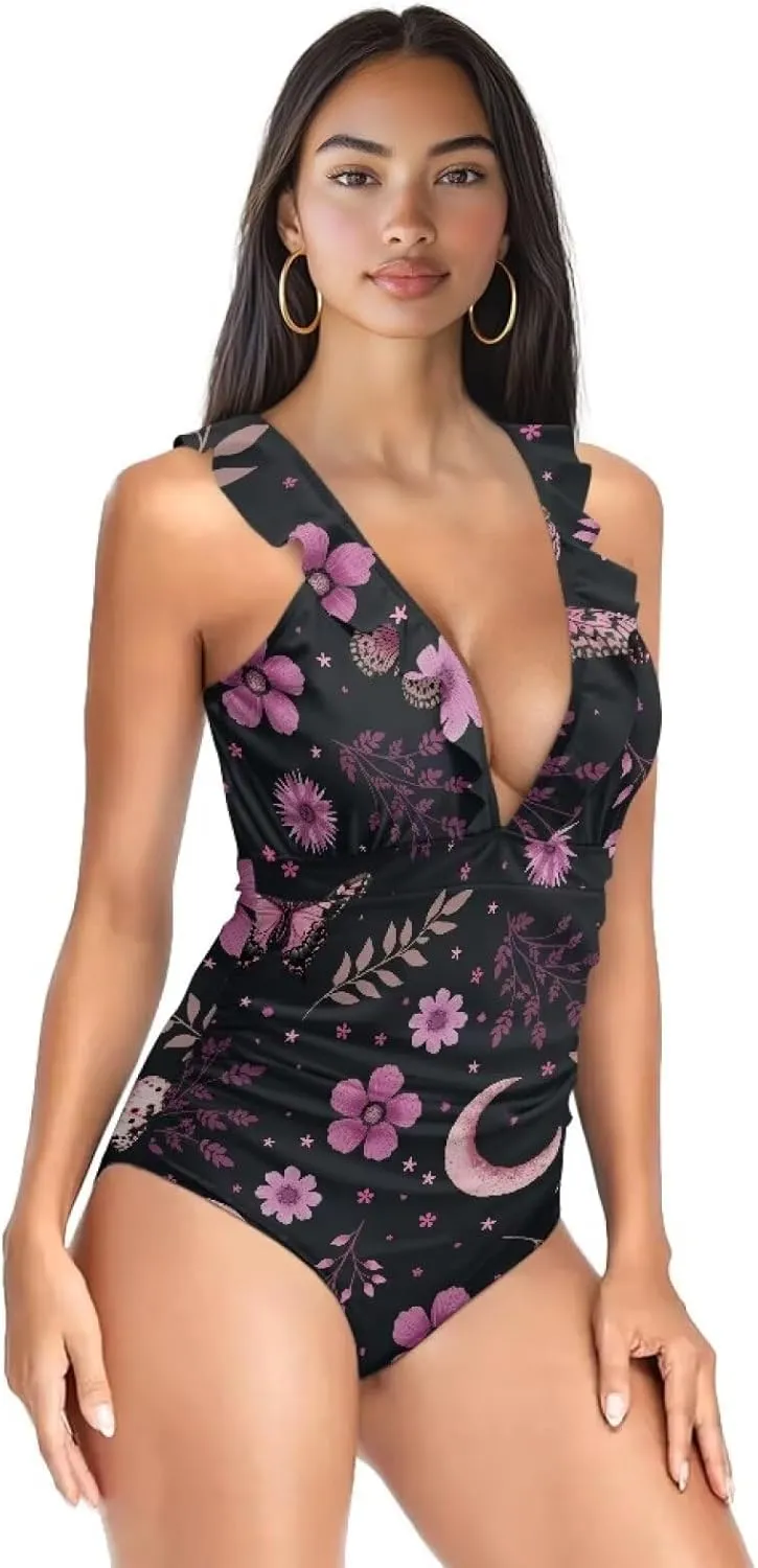 Suobstales Tummy Control Swimsuits for Women Slimming One Piece Bathing Suit Retro Ruched Push Up Vintage Padded Swimwear