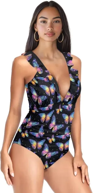 Suobstales Tummy Control Swimsuits for Women Slimming One Piece Bathing Suit Retro Ruched Push Up Vintage Padded Swimwear