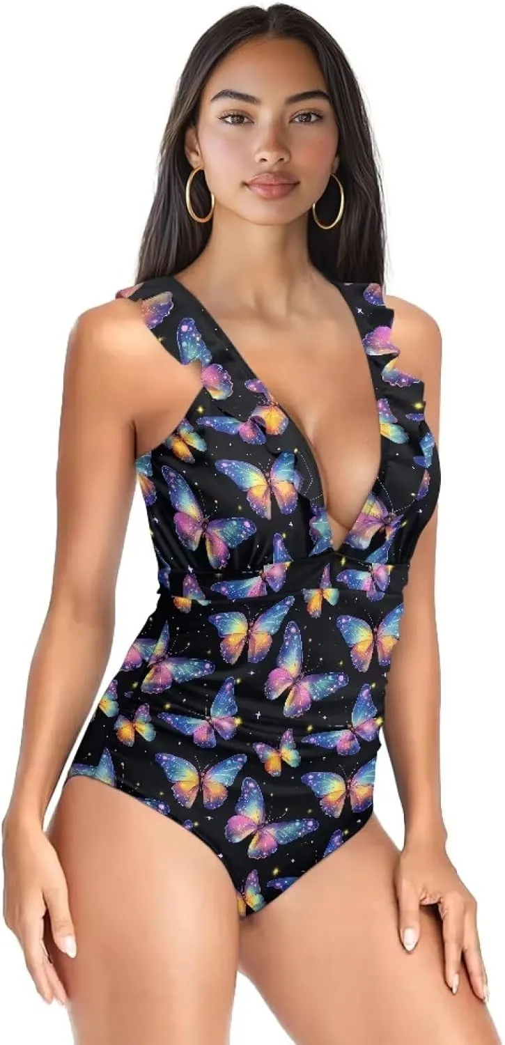 Suobstales Tummy Control Swimsuits for Women Slimming One Piece Bathing Suit Retro Ruched Push Up Vintage Padded Swimwear