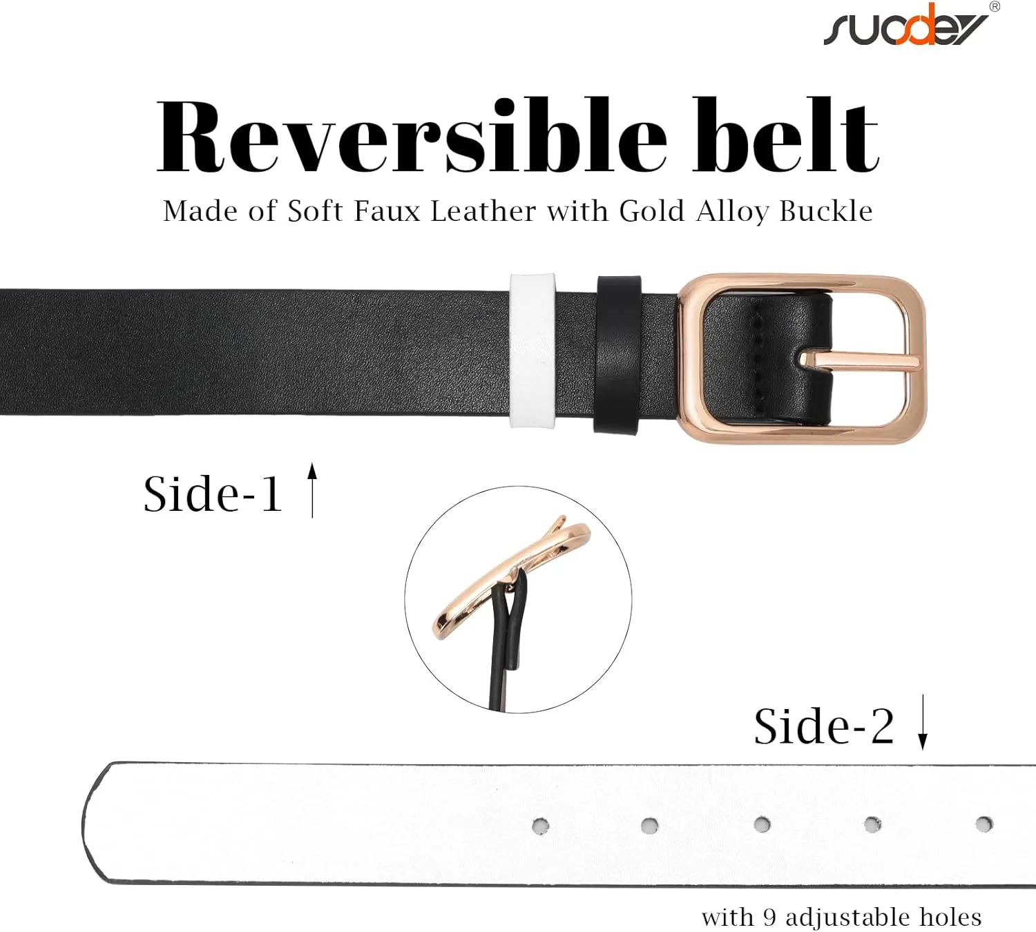 SUOSDEY Women Reversible Leather Belts for Jeans Pants Dresses Ladies Belts with Fashion Gold Buckle, Black/Brown