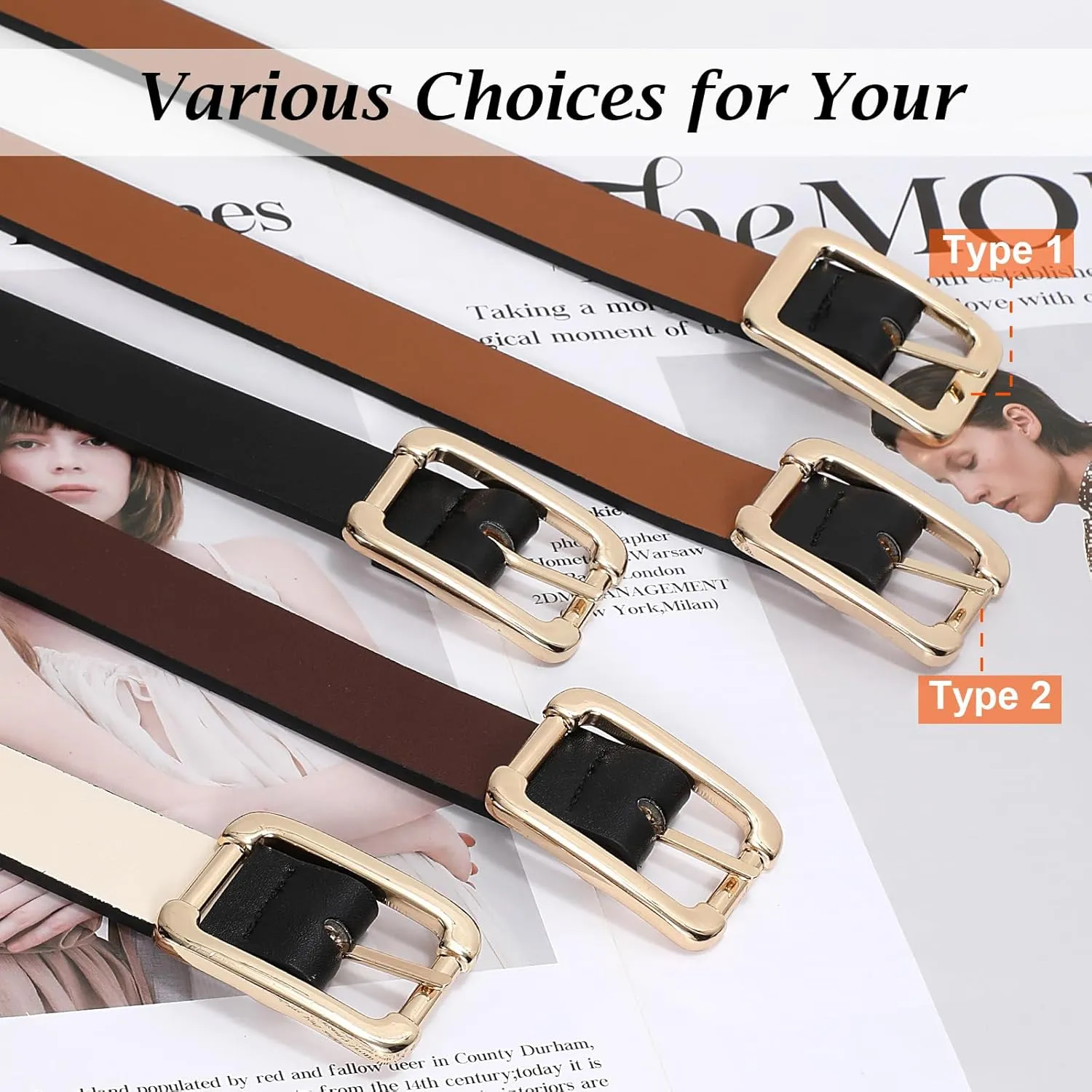 SUOSDEY Women Reversible Leather Belts for Jeans Pants Dresses Ladies Belts with Fashion Gold Buckle, Black/Brown