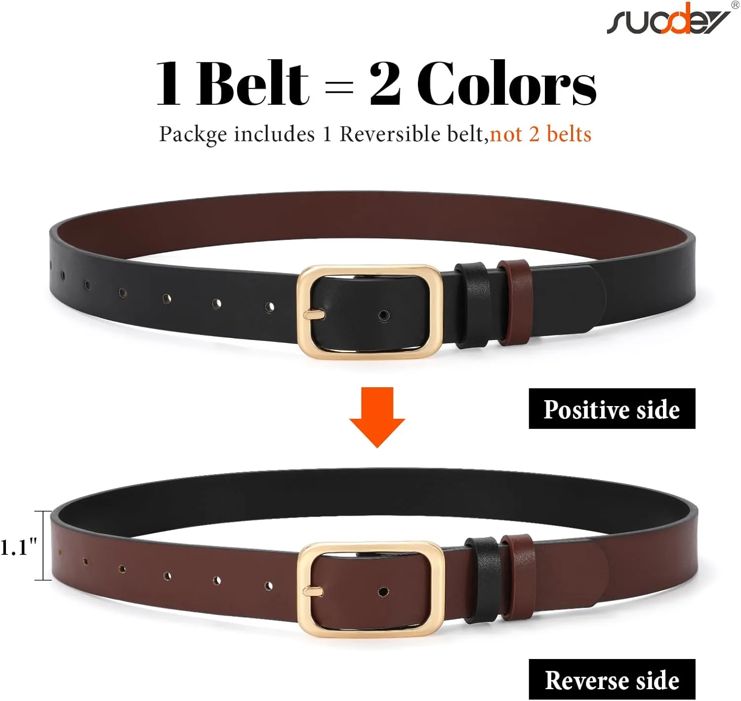 SUOSDEY Women Reversible Leather Belts for Jeans Pants Dresses Ladies Belts with Fashion Gold Buckle, Black/Brown