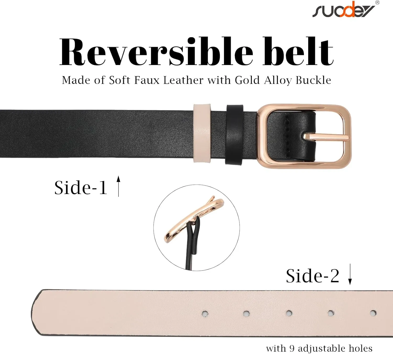 SUOSDEY Women Reversible Leather Belts for Jeans Pants Dresses Ladies Belts with Fashion Gold Buckle, Black/Brown