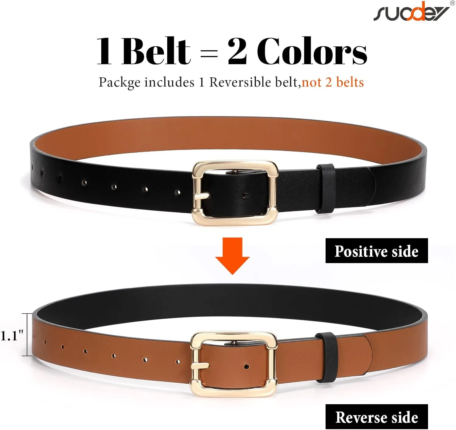 SUOSDEY Women Reversible Leather Belts for Jeans Pants Dresses Ladies Belts with Fashion Gold Buckle, Black/Brown