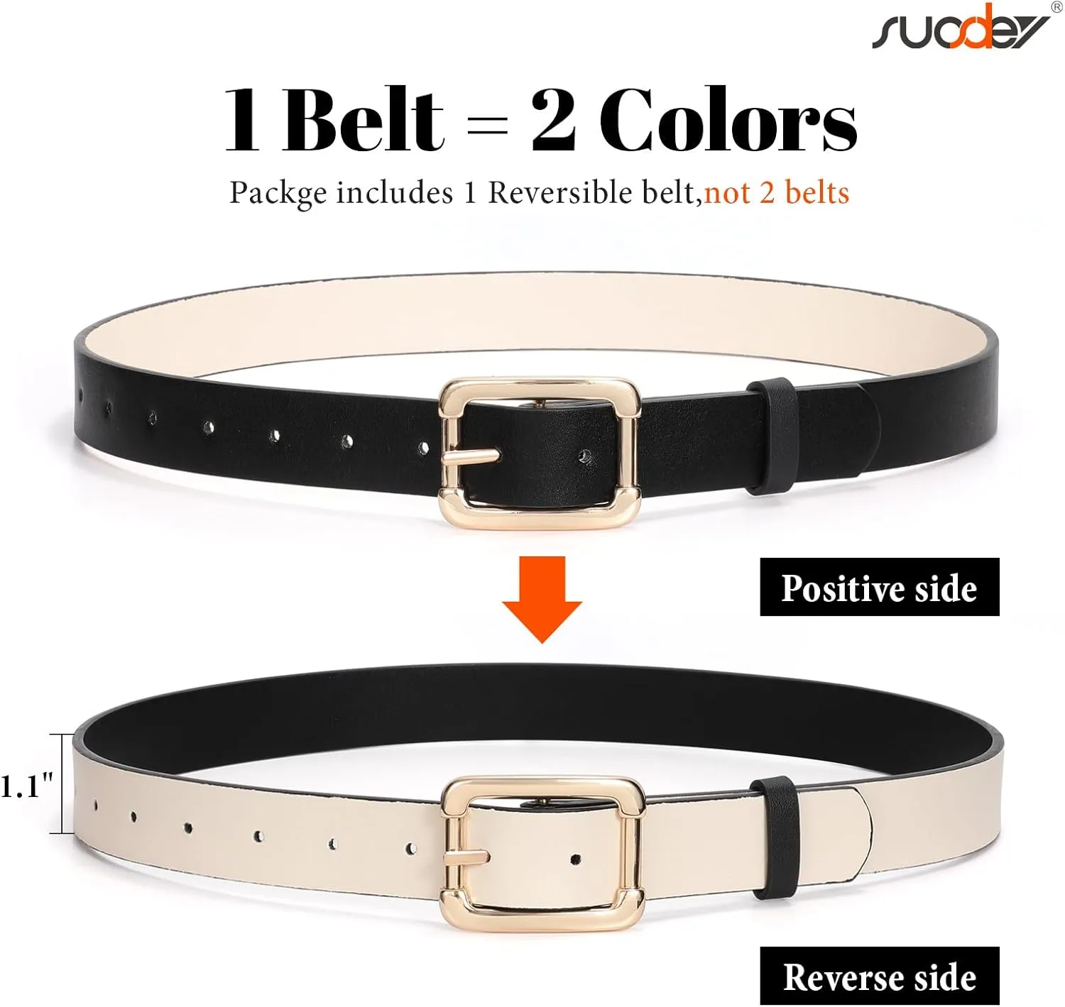 SUOSDEY Women Reversible Leather Belts for Jeans Pants Dresses Ladies Belts with Fashion Gold Buckle, Black/Brown