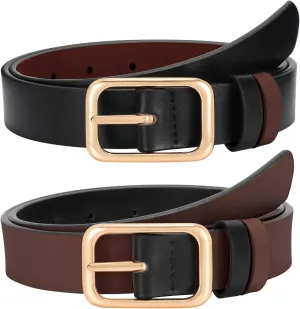 SUOSDEY Women Reversible Leather Belts for Jeans Pants Dresses Ladies Belts with Fashion Gold Buckle, Black/Brown