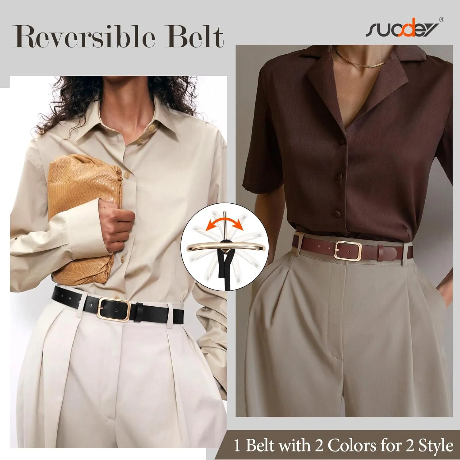 SUOSDEY Women Reversible Leather Belts for Jeans Pants Dresses Ladies Belts with Fashion Gold Buckle, Black/Brown