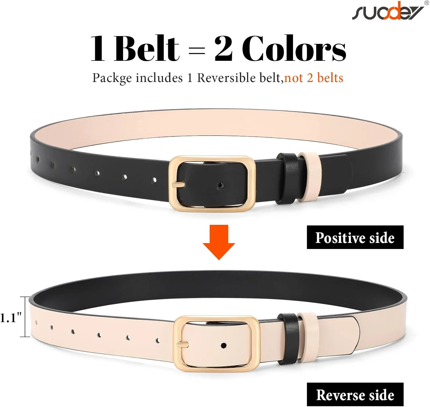 SUOSDEY Women Reversible Leather Belts for Jeans Pants Dresses Ladies Belts with Fashion Gold Buckle, Black/Brown
