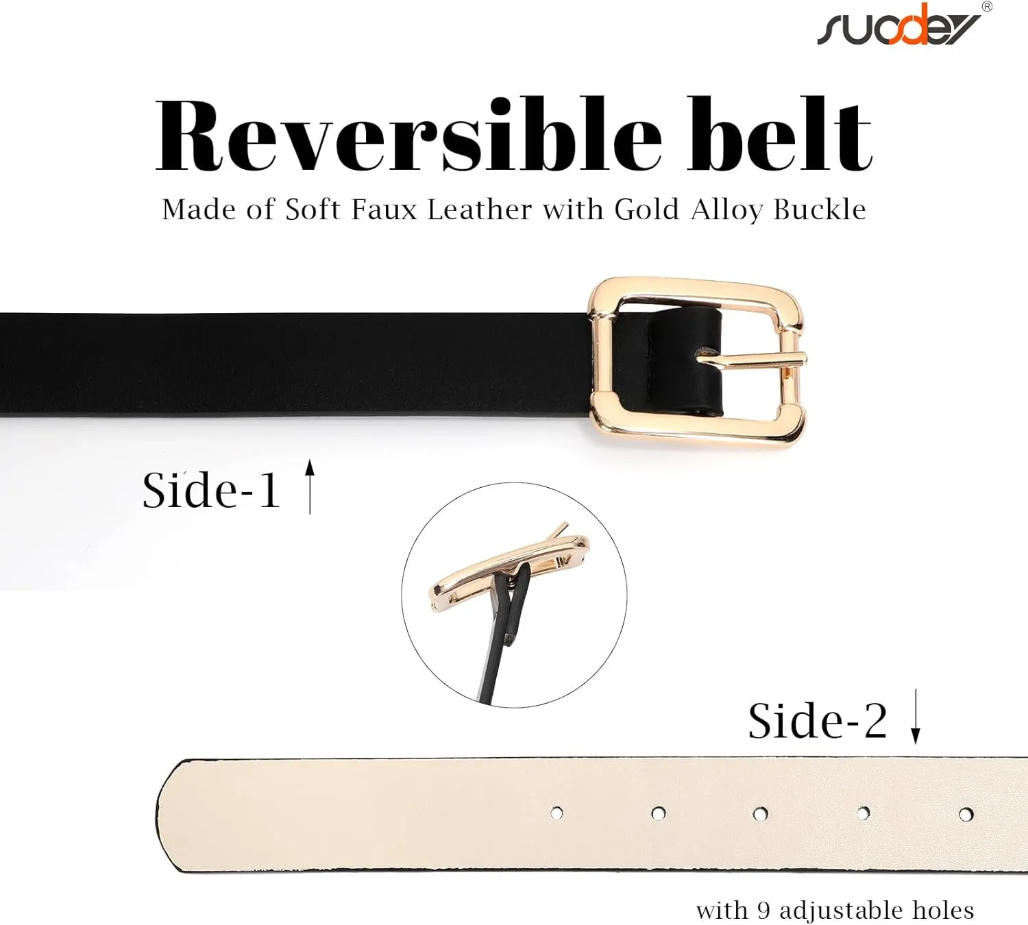 SUOSDEY Women Reversible Leather Belts for Jeans Pants Dresses Ladies Belts with Fashion Gold Buckle, Black/Brown