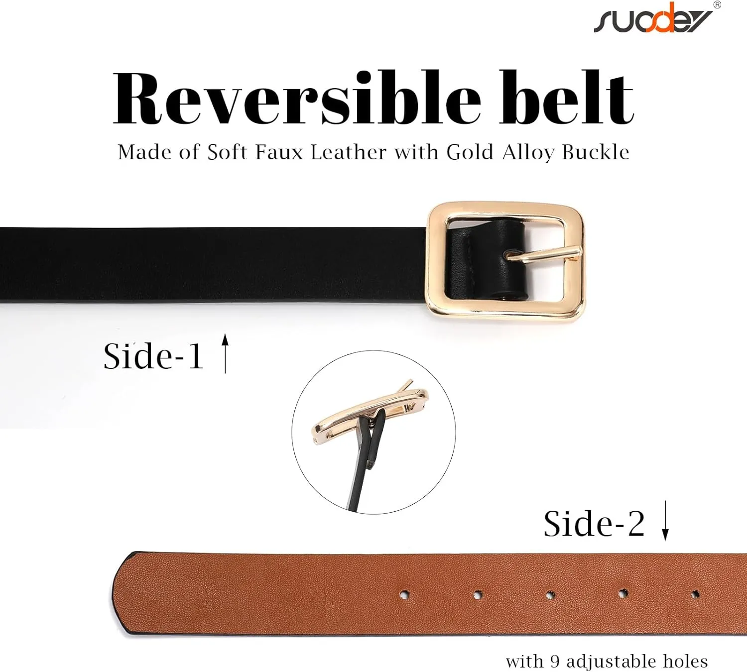 SUOSDEY Women Reversible Leather Belts for Jeans Pants Dresses Ladies Belts with Fashion Gold Buckle, Black/Brown