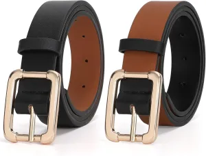 SUOSDEY Women Reversible Leather Belts for Jeans Pants Dresses Ladies Belts with Fashion Gold Buckle, Black/Brown