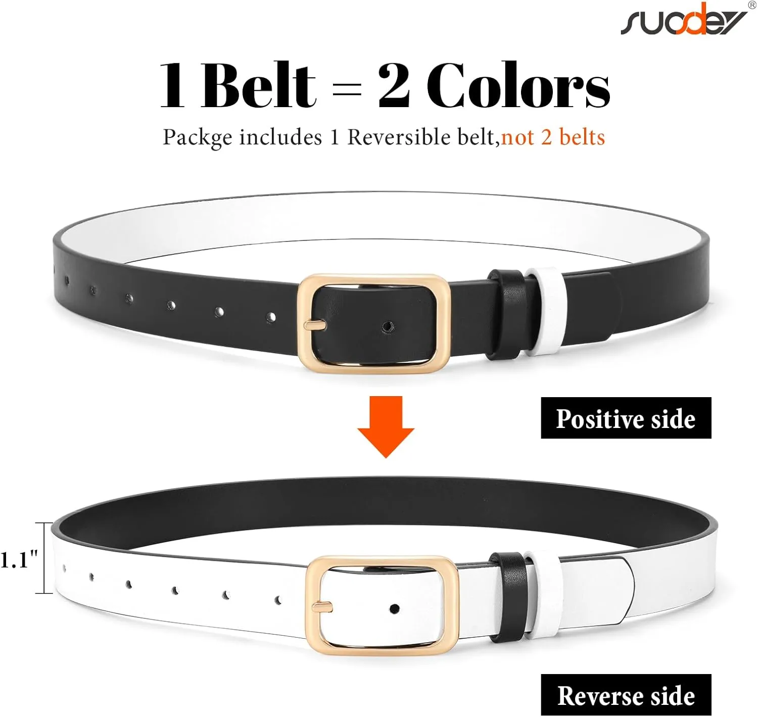 SUOSDEY Women Reversible Leather Belts for Jeans Pants Dresses Ladies Belts with Fashion Gold Buckle, Black/Brown