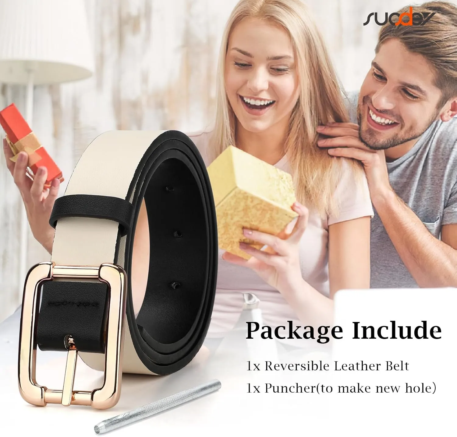 SUOSDEY Women Reversible Leather Belts for Jeans Pants Dresses Ladies Belts with Fashion Gold Buckle, Black/Brown