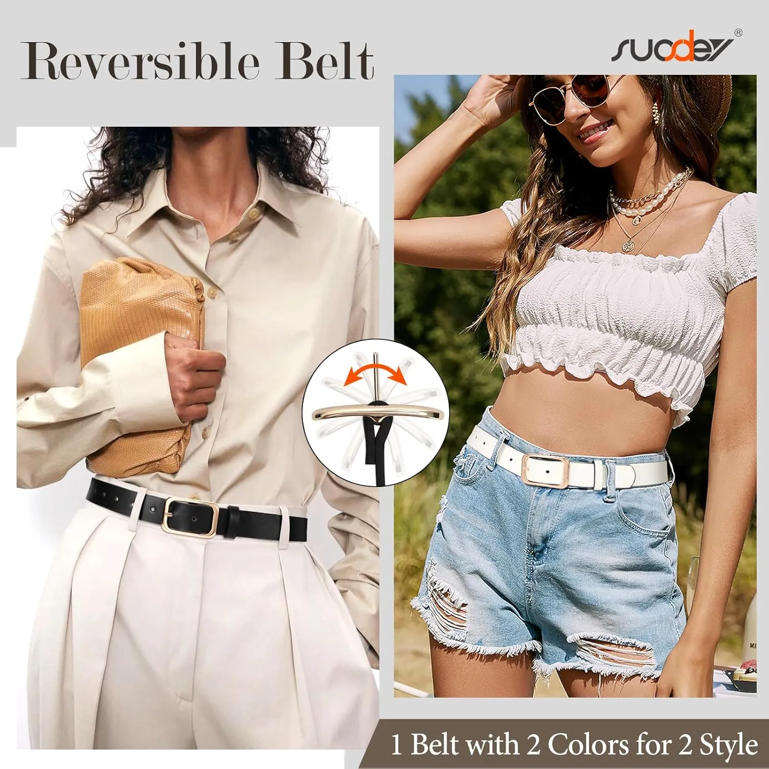 SUOSDEY Women Reversible Leather Belts for Jeans Pants Dresses Ladies Belts with Fashion Gold Buckle, Black/Brown