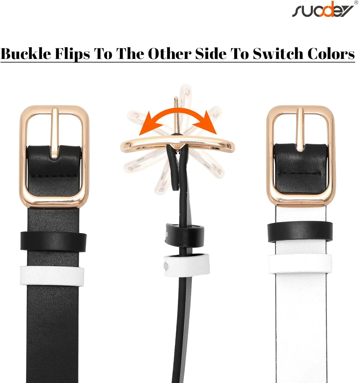 SUOSDEY Women Reversible Leather Belts for Jeans Pants Dresses Ladies Belts with Fashion Gold Buckle, Black/Brown