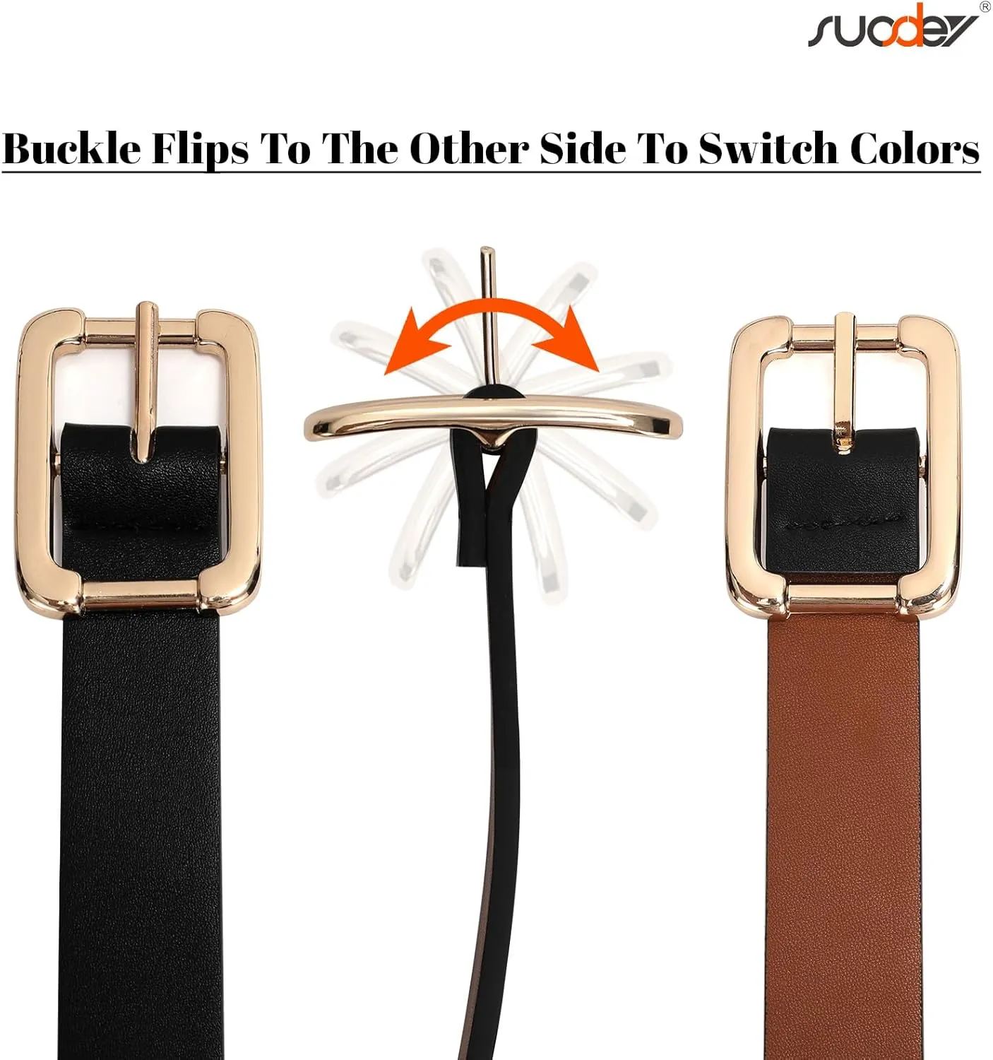 SUOSDEY Women Reversible Leather Belts for Jeans Pants Dresses Ladies Belts with Fashion Gold Buckle, Black/Brown