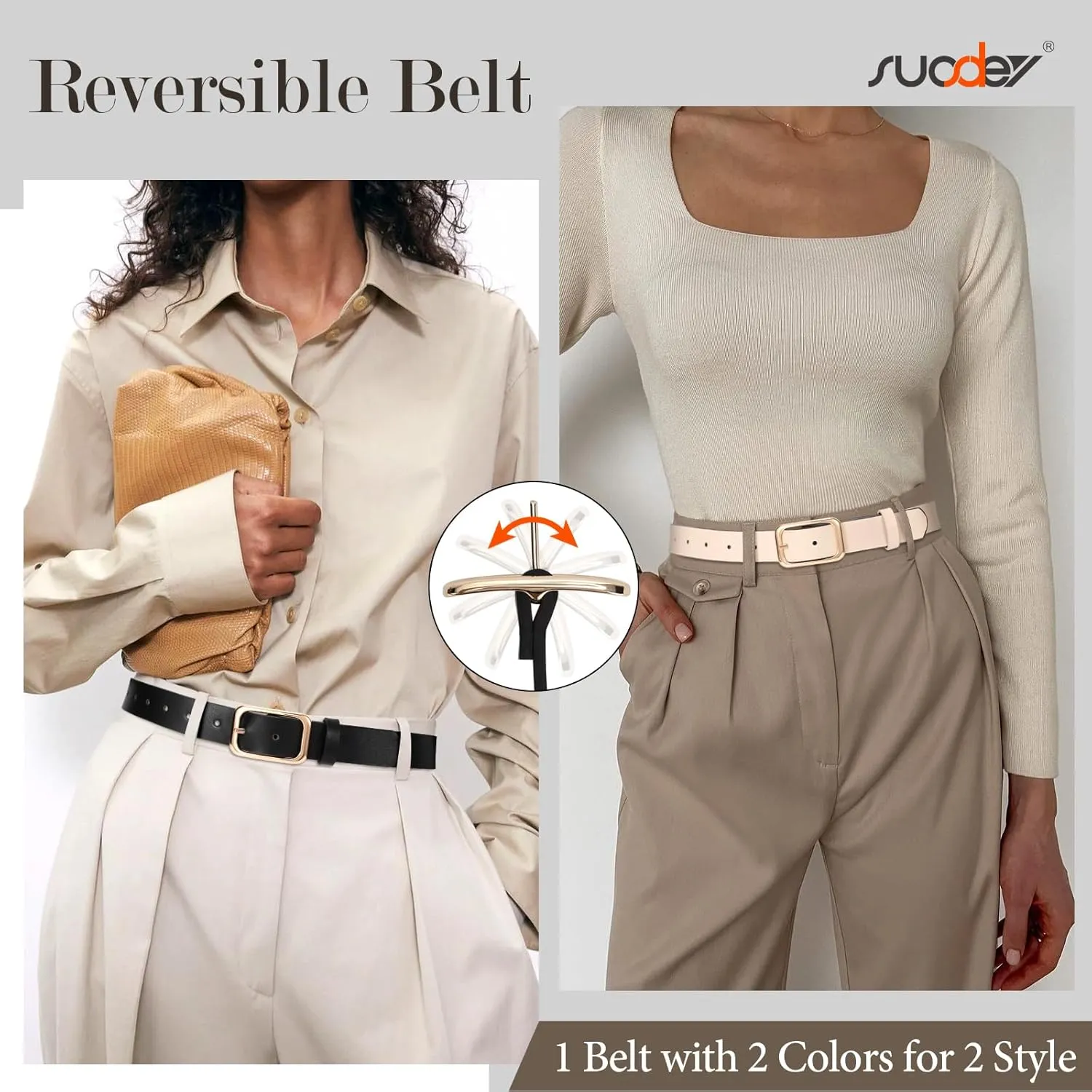 SUOSDEY Women Reversible Leather Belts for Jeans Pants Dresses Ladies Belts with Fashion Gold Buckle, Black/Brown