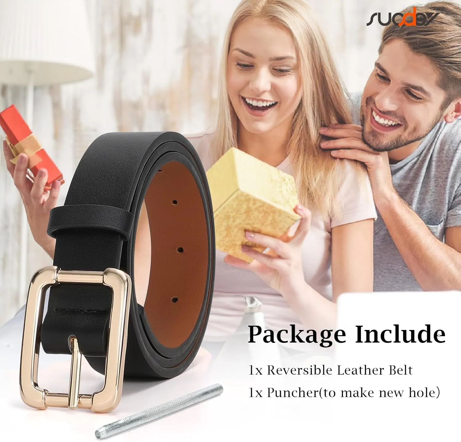 SUOSDEY Women Reversible Leather Belts for Jeans Pants Dresses Ladies Belts with Fashion Gold Buckle, Black/Brown