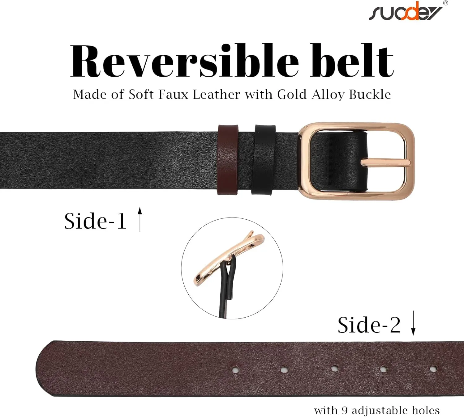 SUOSDEY Women Reversible Leather Belts for Jeans Pants Dresses Ladies Belts with Fashion Gold Buckle, Black/Brown