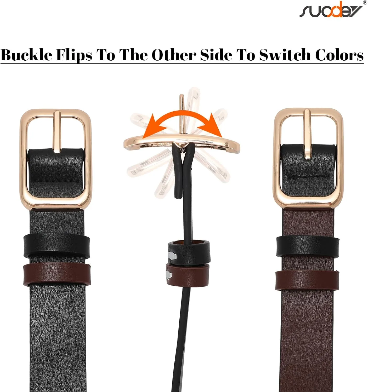 SUOSDEY Women Reversible Leather Belts for Jeans Pants Dresses Ladies Belts with Fashion Gold Buckle, Black/Brown