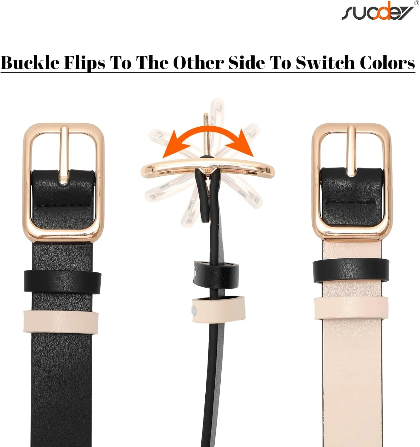 SUOSDEY Women Reversible Leather Belts for Jeans Pants Dresses Ladies Belts with Fashion Gold Buckle, Black/Brown