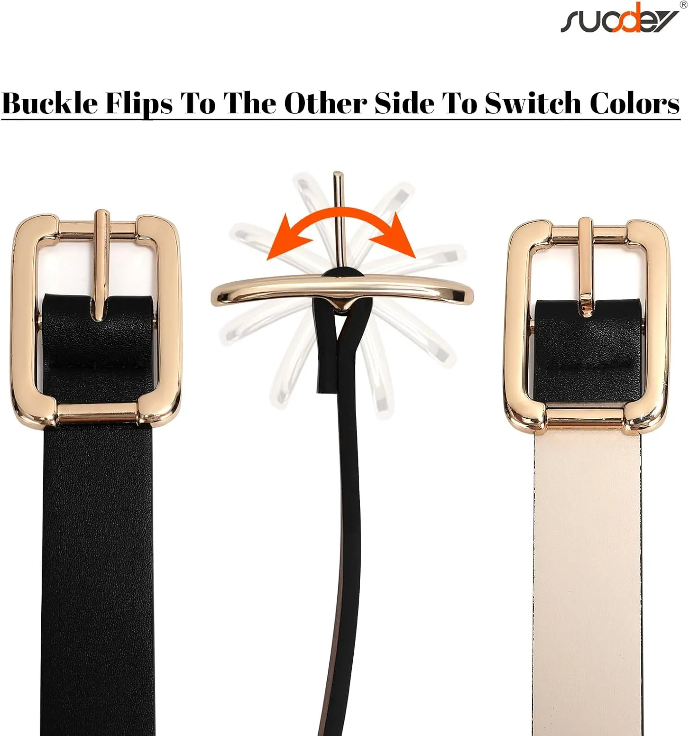 SUOSDEY Women Reversible Leather Belts for Jeans Pants Dresses Ladies Belts with Fashion Gold Buckle, Black/Brown