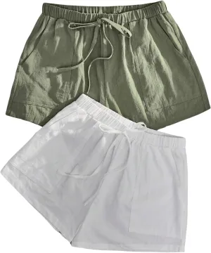 SweatyRocks Women's 2 Pack Linen Shorts with Pocket High Waist Wide Leg Summer Shorts