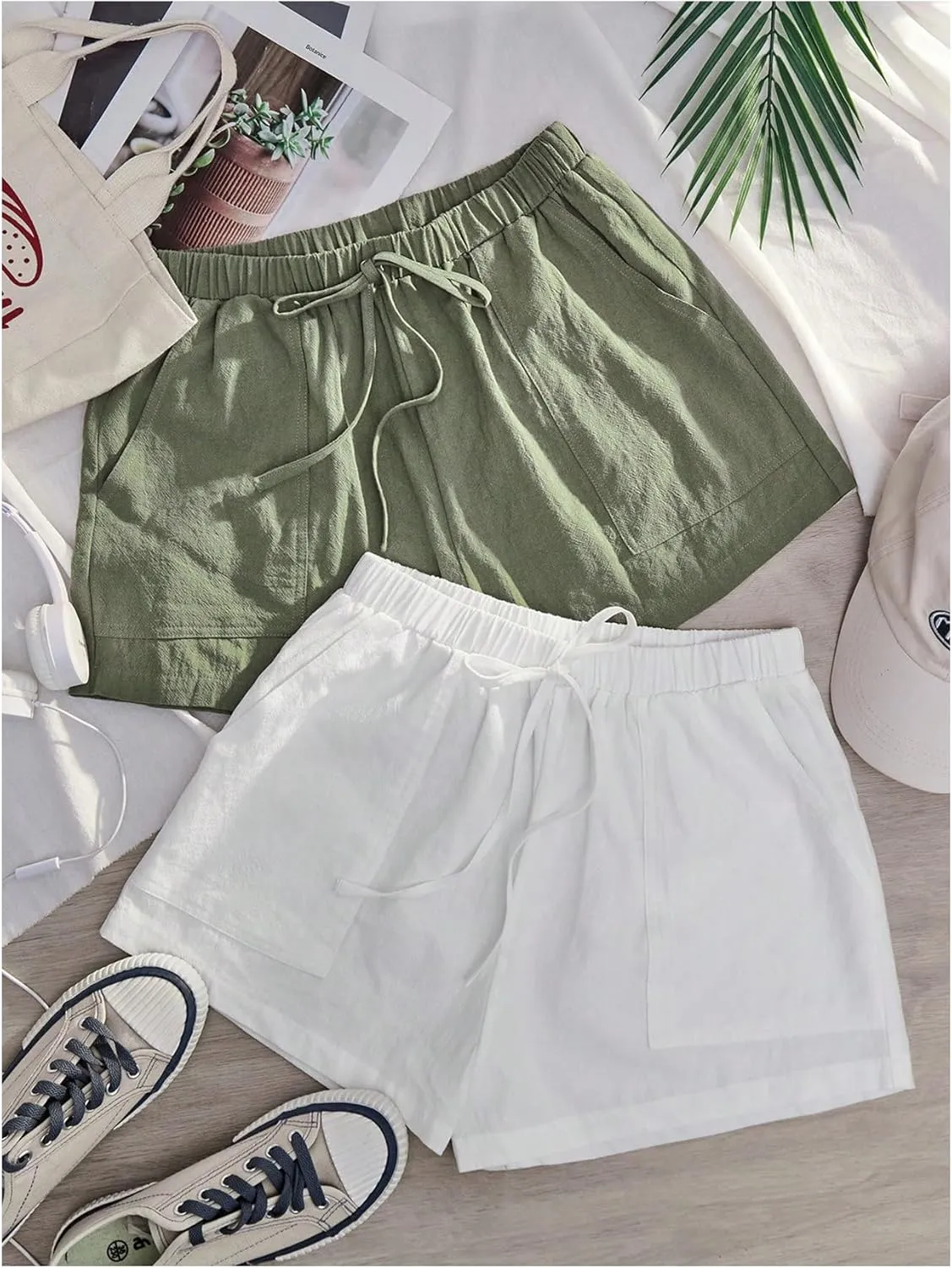 SweatyRocks Women's 2 Pack Linen Shorts with Pocket High Waist Wide Leg Summer Shorts