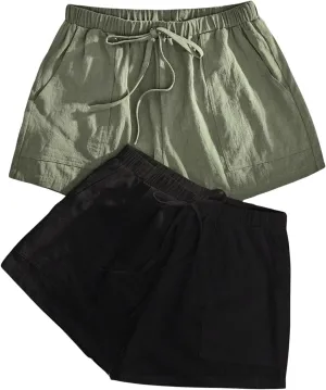 SweatyRocks Women's 2 Pack Linen Shorts with Pocket High Waist Wide Leg Summer Shorts