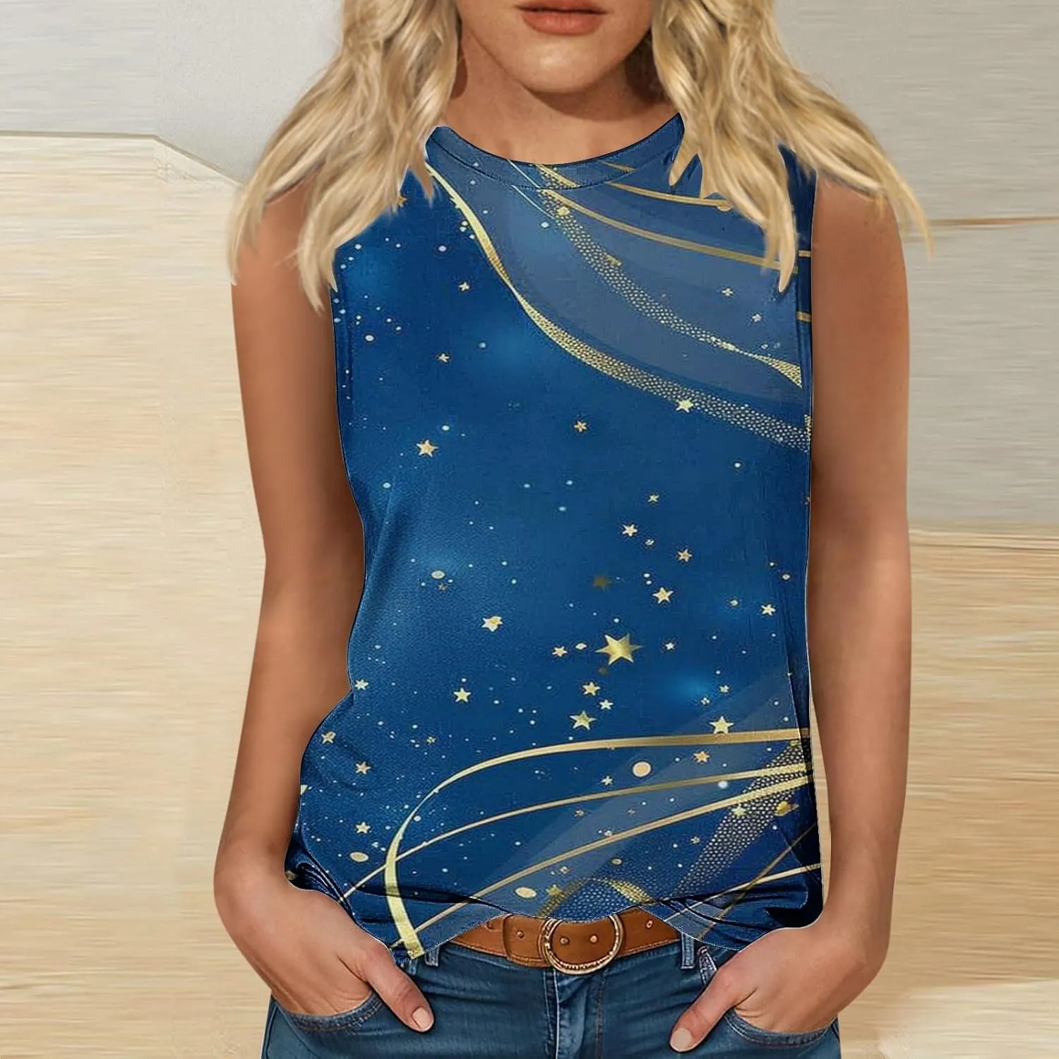 Tank Tops for Women Trendy Colorblock Printed Sleeveless Crew Neck Camisole Casual Trendy Vacation Tunic Shirts 2025