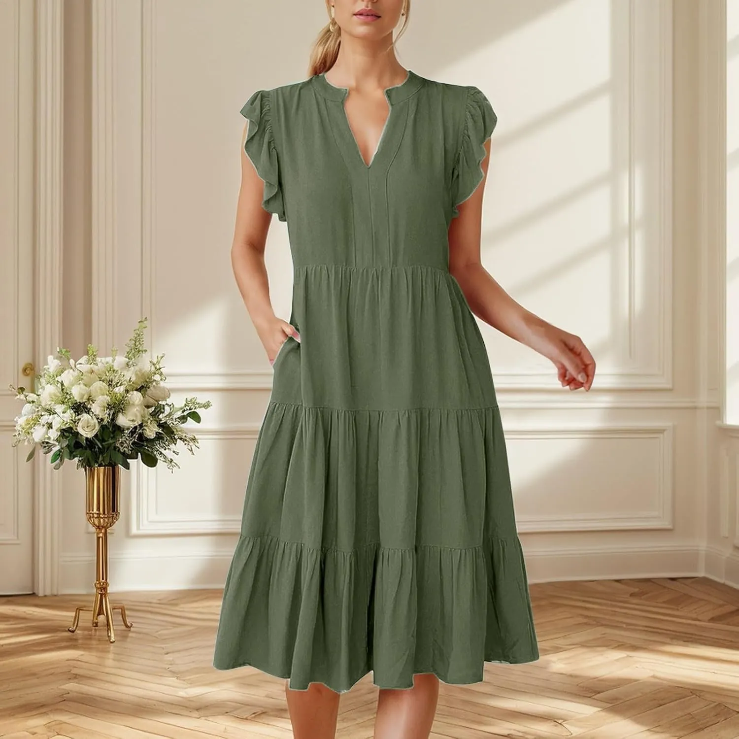Tea Party Dresses for Woman Spring Cute Ruffle Sleeve V Neck Tiered Funeral Dress Travel Teacher Outfits for Women