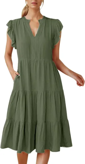 Tea Party Dresses for Woman Spring Cute Ruffle Sleeve V Neck Tiered Funeral Dress Travel Teacher Outfits for Women