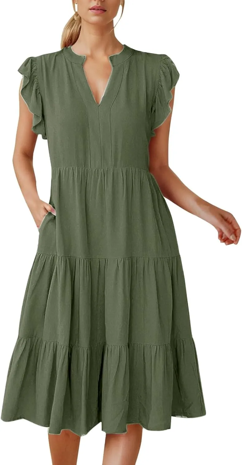Tea Party Dresses for Woman Spring Cute Ruffle Sleeve V Neck Tiered Funeral Dress Travel Teacher Outfits for Women