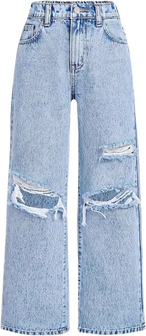 Teens Girls Baggy Denim Jeans Ripped High Waisted Elastic Straight Casual Jeans with Pockets Streetwear Distressed Pants
