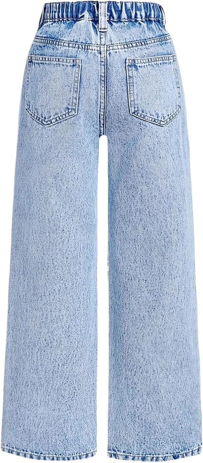 Teens Girls Baggy Denim Jeans Ripped High Waisted Elastic Straight Casual Jeans with Pockets Streetwear Distressed Pants
