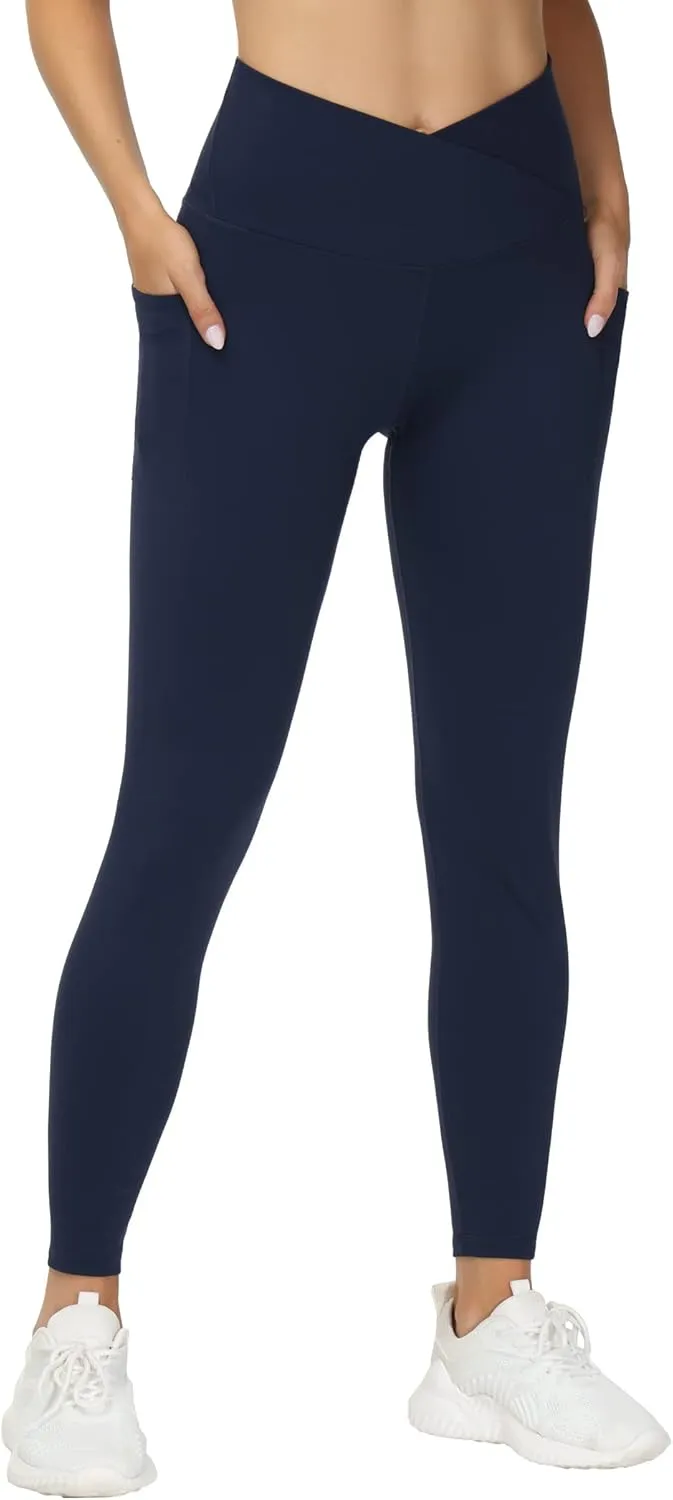 THE GYM PEOPLE Women's V Cross Waist Workout Leggings Tummy Control Running Yoga Pants with Pockets