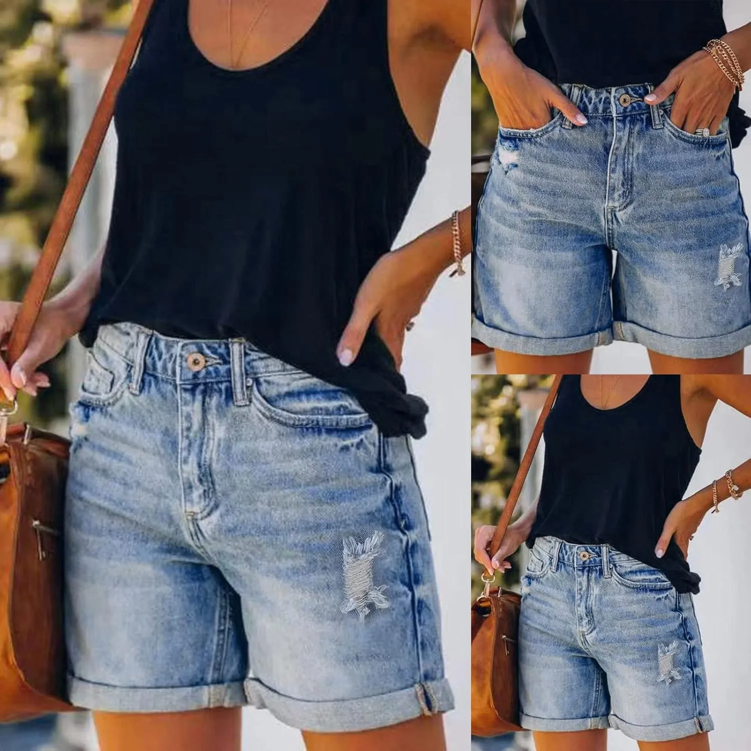 TTBDWiian Stretch Denim Shorts Women High Waisted Jean Shorts Plus Size Jeans Stretchy Button Front Streetwear Denim Trouser