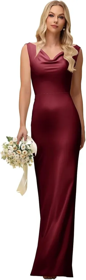 UZN Slip Satin Bridesmaid Dresses Double Cowl Neck 2025 Long Bodycon Formal Evening Party Gowns