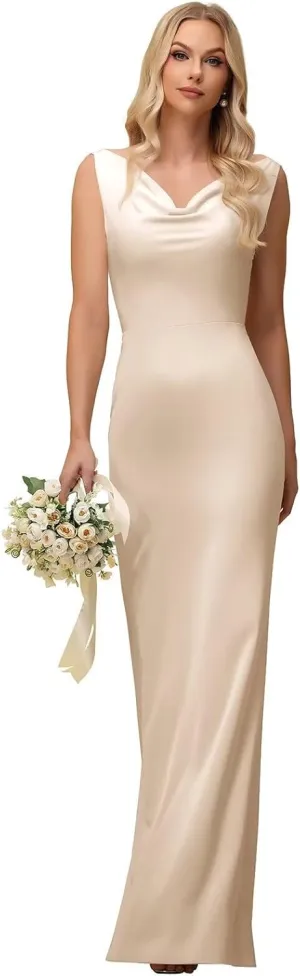 UZN Slip Satin Bridesmaid Dresses Double Cowl Neck 2025 Long Bodycon Formal Evening Party Gowns