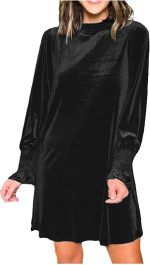 Velvet Dress for Women Long Sleeve Crewneck Shift Short Dress Solid Color Party Short Dress Loose Fit Semi Dress 2024