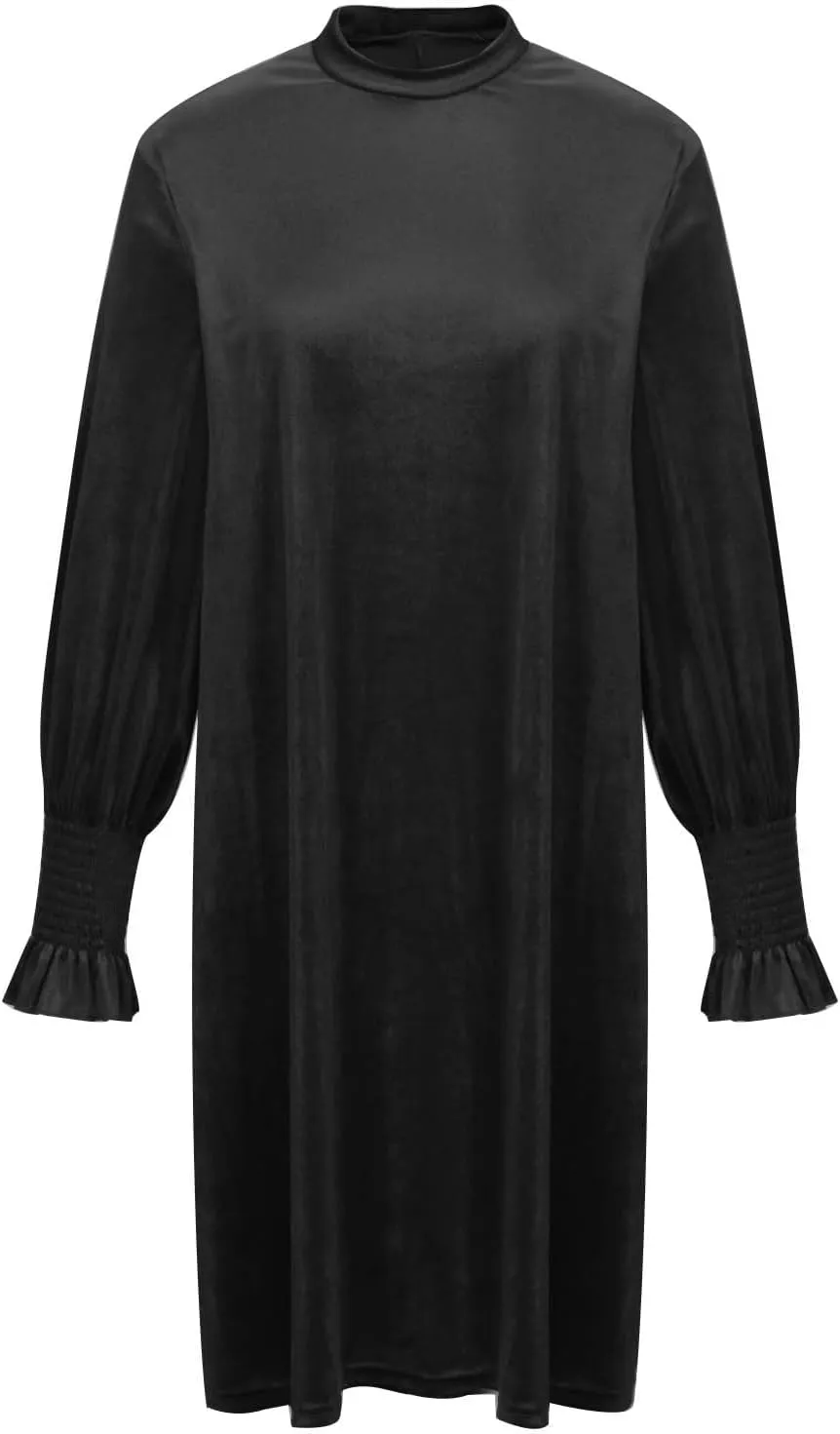 Velvet Dress for Women Long Sleeve Crewneck Shift Short Dress Solid Color Party Short Dress Loose Fit Semi Dress 2024