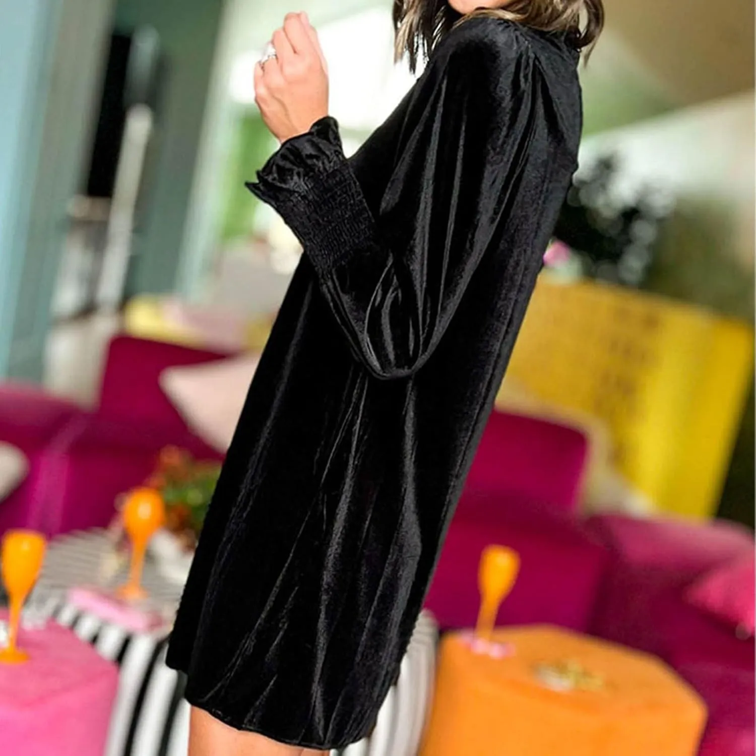 Velvet Dress for Women Long Sleeve Crewneck Shift Short Dress Solid Color Party Short Dress Loose Fit Semi Dress 2024