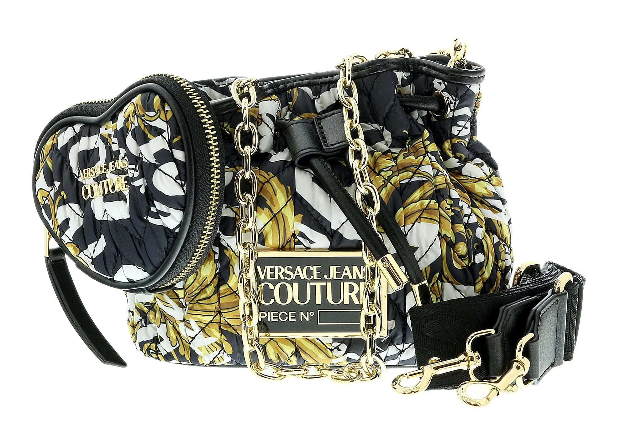 Versace Jeans Couture Black/Gold Heart Charm Purse Small Braid Bucket Crossbody Bag
