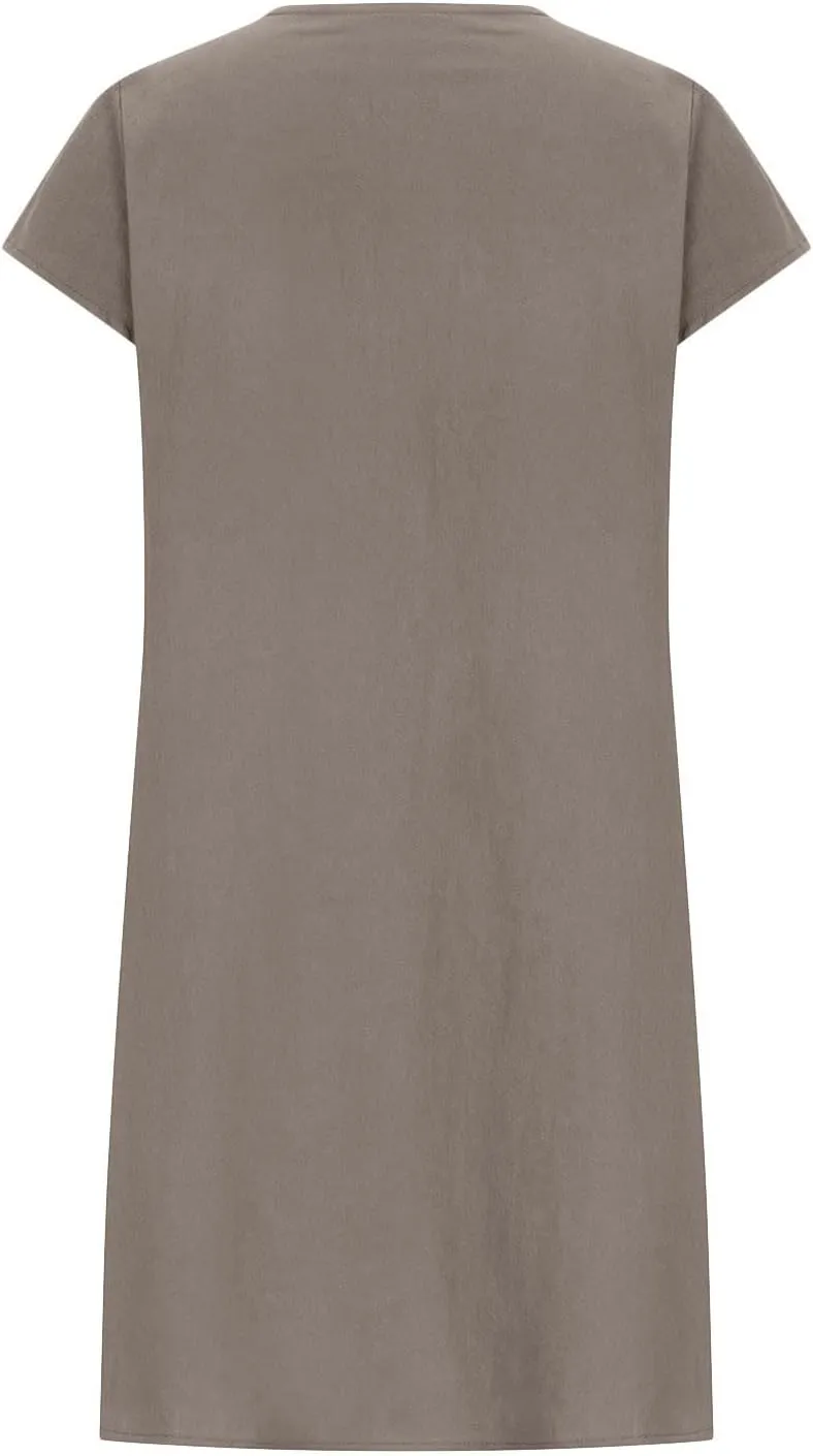 Vintage Summer Cotton Linen Dress for Women Casual Short Sleeve Ruched T Shirts Dress Loose Fit A-Line Beach Sundress