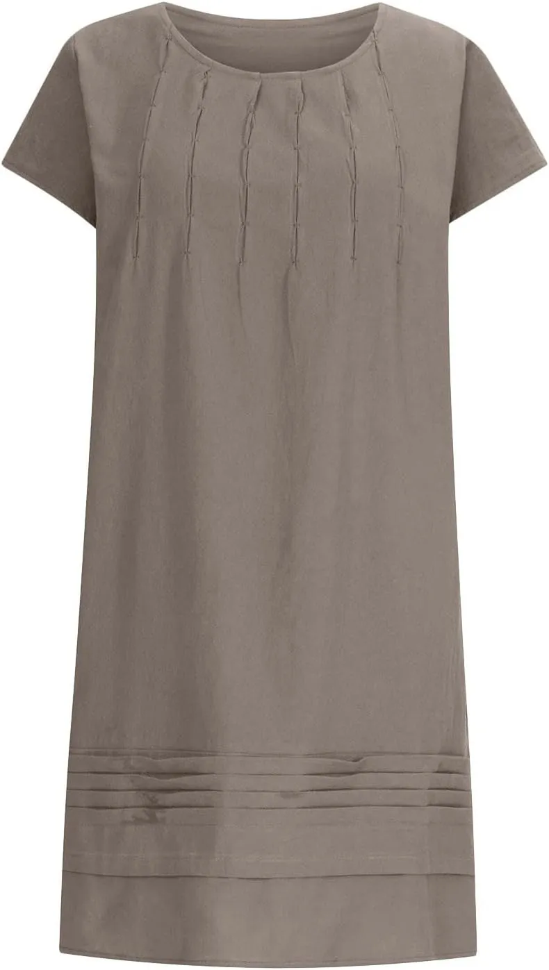 Vintage Summer Cotton Linen Dress for Women Casual Short Sleeve Ruched T Shirts Dress Loose Fit A-Line Beach Sundress