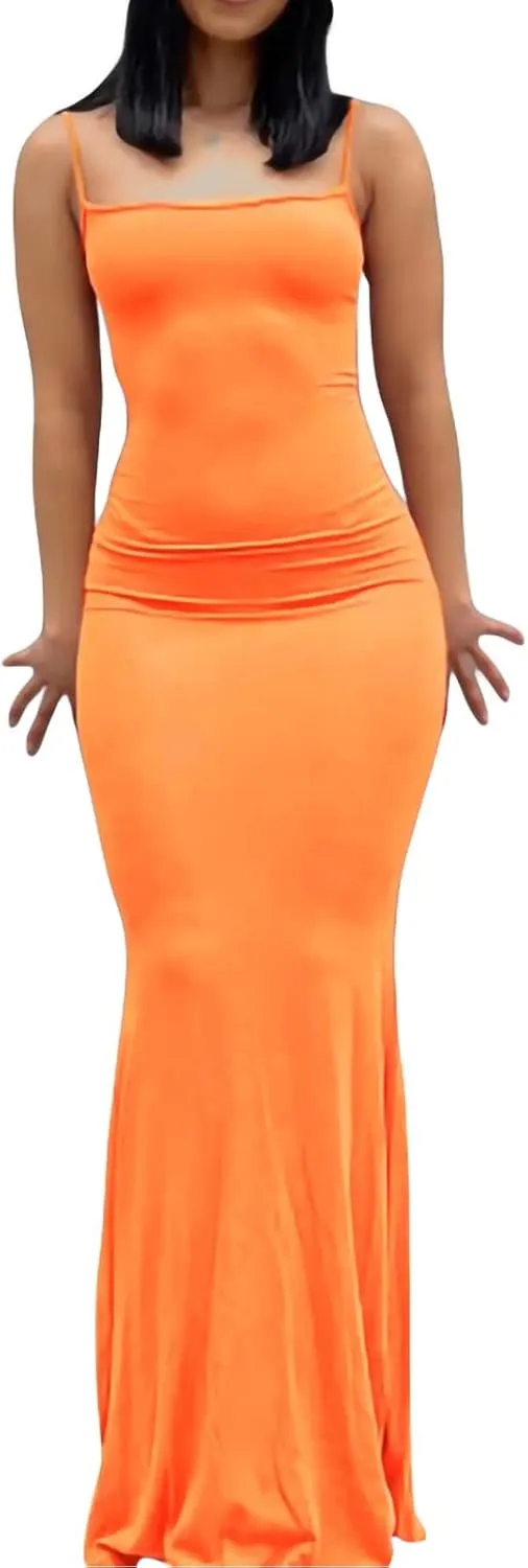 VIUTIL Women's Maxi Bodycon Dress Sexy Spaghetti Strap Sleeveless Tight Slip Long Dresses 2023