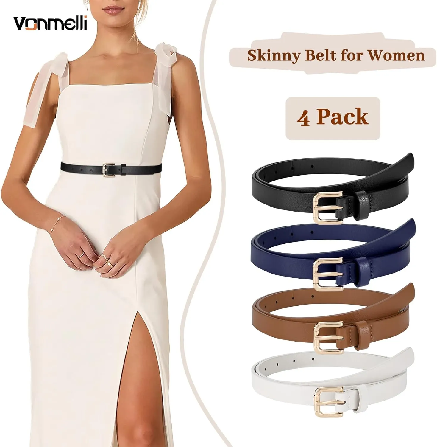 VONMELLI 4 Pack Thin belts for Women, Ladies Skinny Leather Waist Belt for Women Fashion Dress Jeans