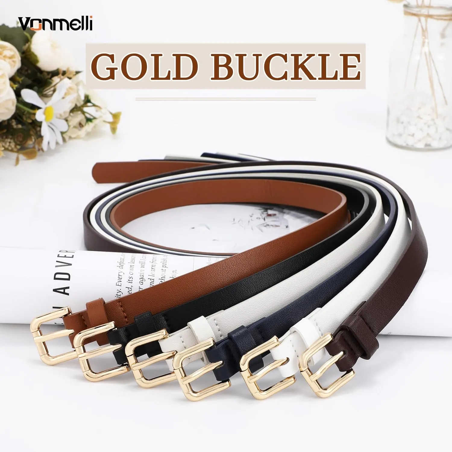 VONMELLI 4 Pack Thin belts for Women, Ladies Skinny Leather Waist Belt for Women Fashion Dress Jeans