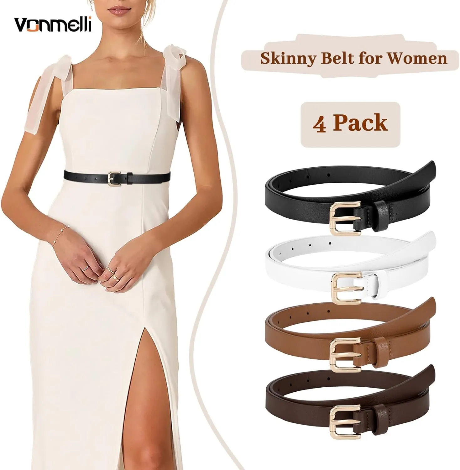VONMELLI 4 Pack Thin belts for Women, Ladies Skinny Leather Waist Belt for Women Fashion Dress Jeans