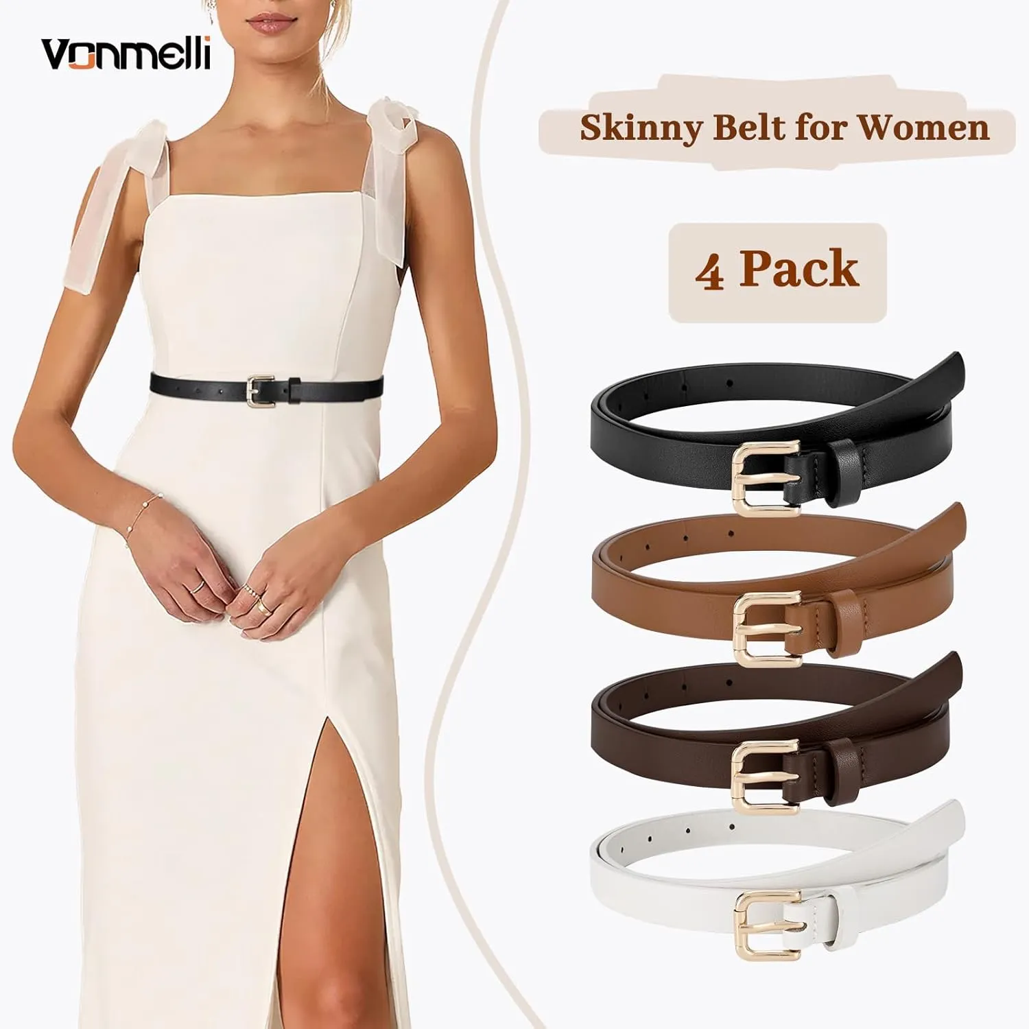 VONMELLI 4 Pack Thin belts for Women, Ladies Skinny Leather Waist Belt for Women Fashion Dress Jeans
